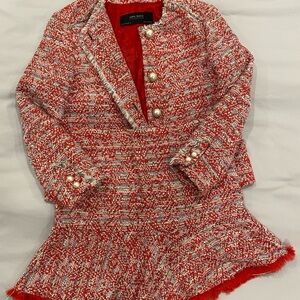 Zara Red Tweed Jacket and skirt set with Pearl Buttons